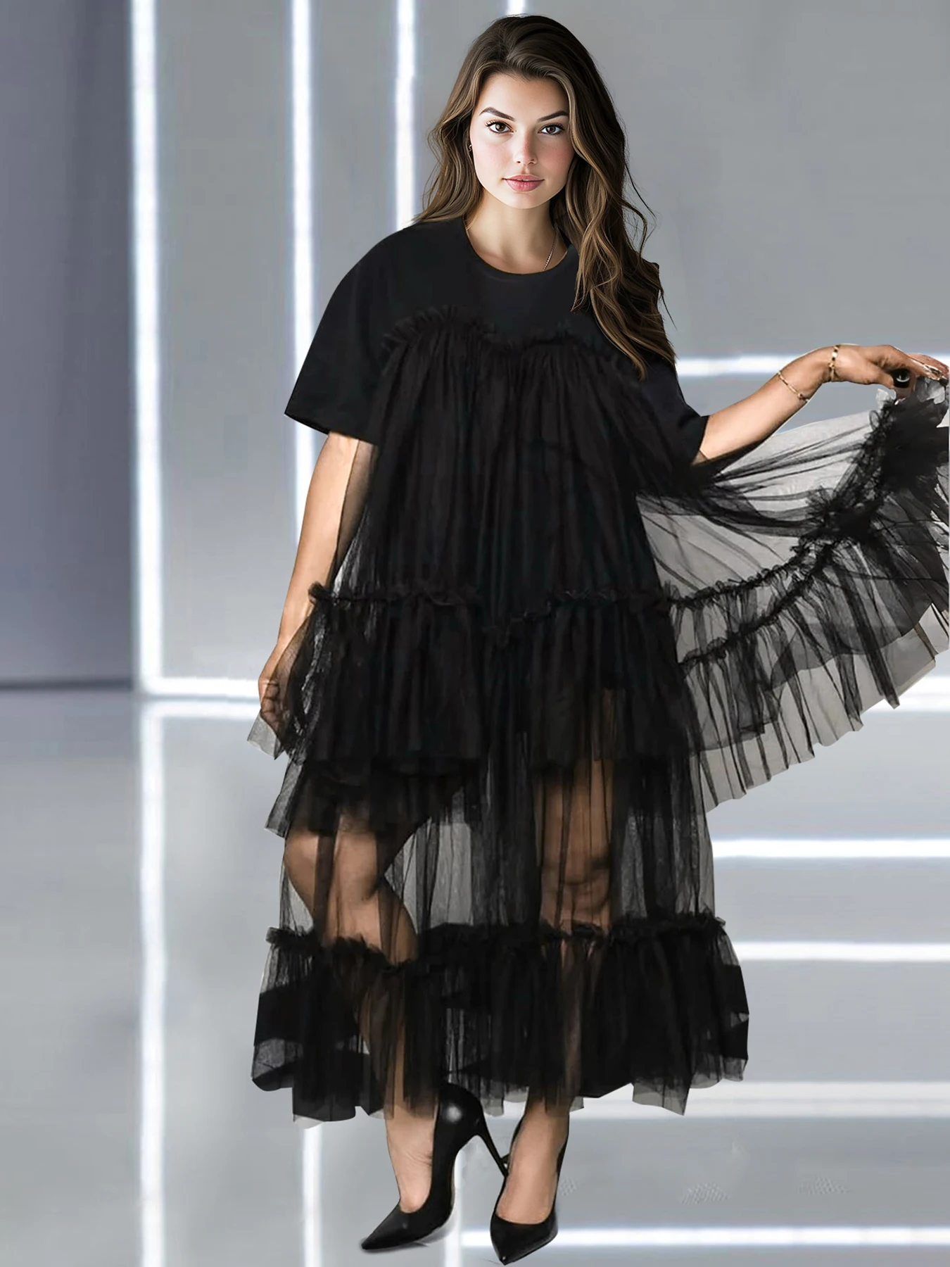 Women's Ruffle Tulle Dresses Round Neck Short Sleeve Sheer See Through Pleated A-Line Y2K High Street Casual Summer Dresses 2025
Women's Ruffle Tulle Dresses Round Neck Short Sleeve Sheer See Through Pleated A-Line Y2K High Street Casual Summer Dresses 2025