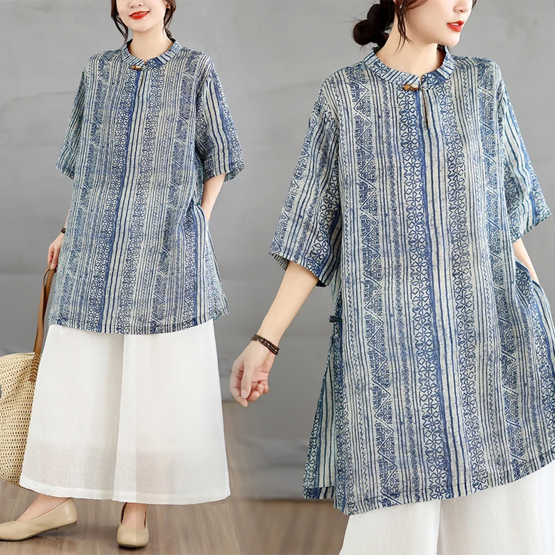 Summer New Loose Casual Retro Stand Collar Printed Five Sleeve Split Top Shirt Women's Cotton Blend Fashion Versatile Shirt
Summer New Loose Casual Retro Stand Collar Printed Five Sleeve Split Top Shirt Women's Cotton Blend Fashion Versatile Shirt