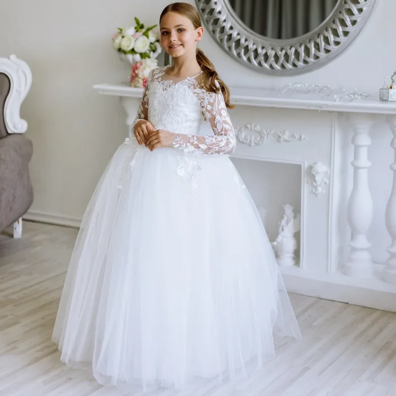 JDY Flower Girl Dress White Tulle Lace Appliques Bow Long Sleeves Wedding Birthday Party First Communion Gown
JDY Flower Girl Dress White Tulle Lace Appliques Bow Long Sleeves Wedding Birthday Party First Communion Gown