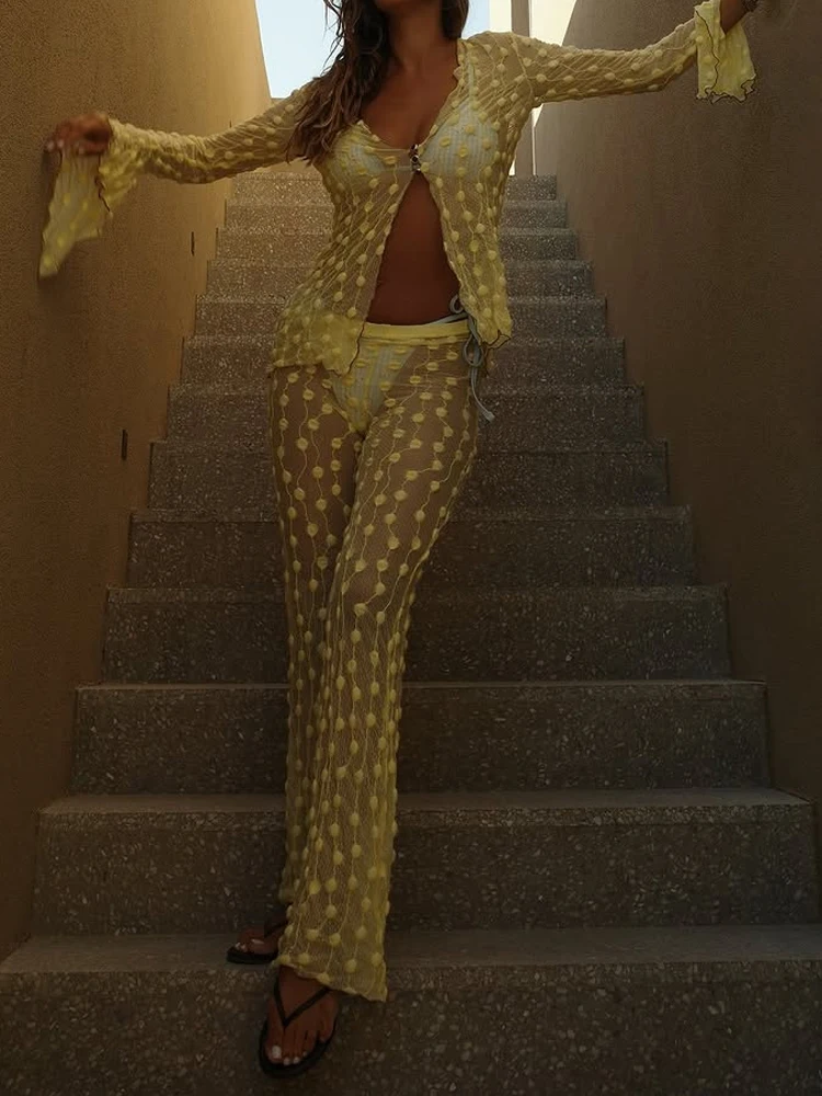 Sexy Perspective Beach Cover Two Piece Women's V-neck Flared Sleeve Top and Pants Holiday Suit Solid Color Jacquard Casual Set
Sexy Perspective Beach Cover Two Piece Women's V-neck Flared Sleeve Top and Pants Holiday Suit Solid Color Jacquard Casual Set