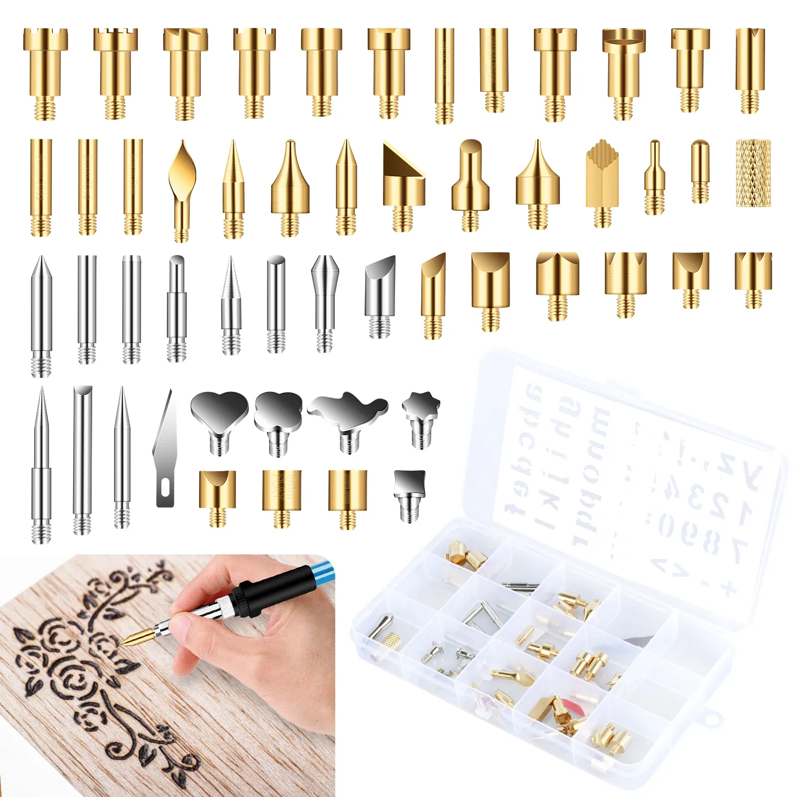55Pcs Wood Burning Tips Kit with Alphabet Number Stencil Brass Pyrography Carving Tips Multipurpose Embossing Carving Pen Tips
55Pcs Wood Burning Tips Kit with Alphabet Number Stencil Brass Pyrography Carving Tips Multipurpose Embossing Carving Pen Tips