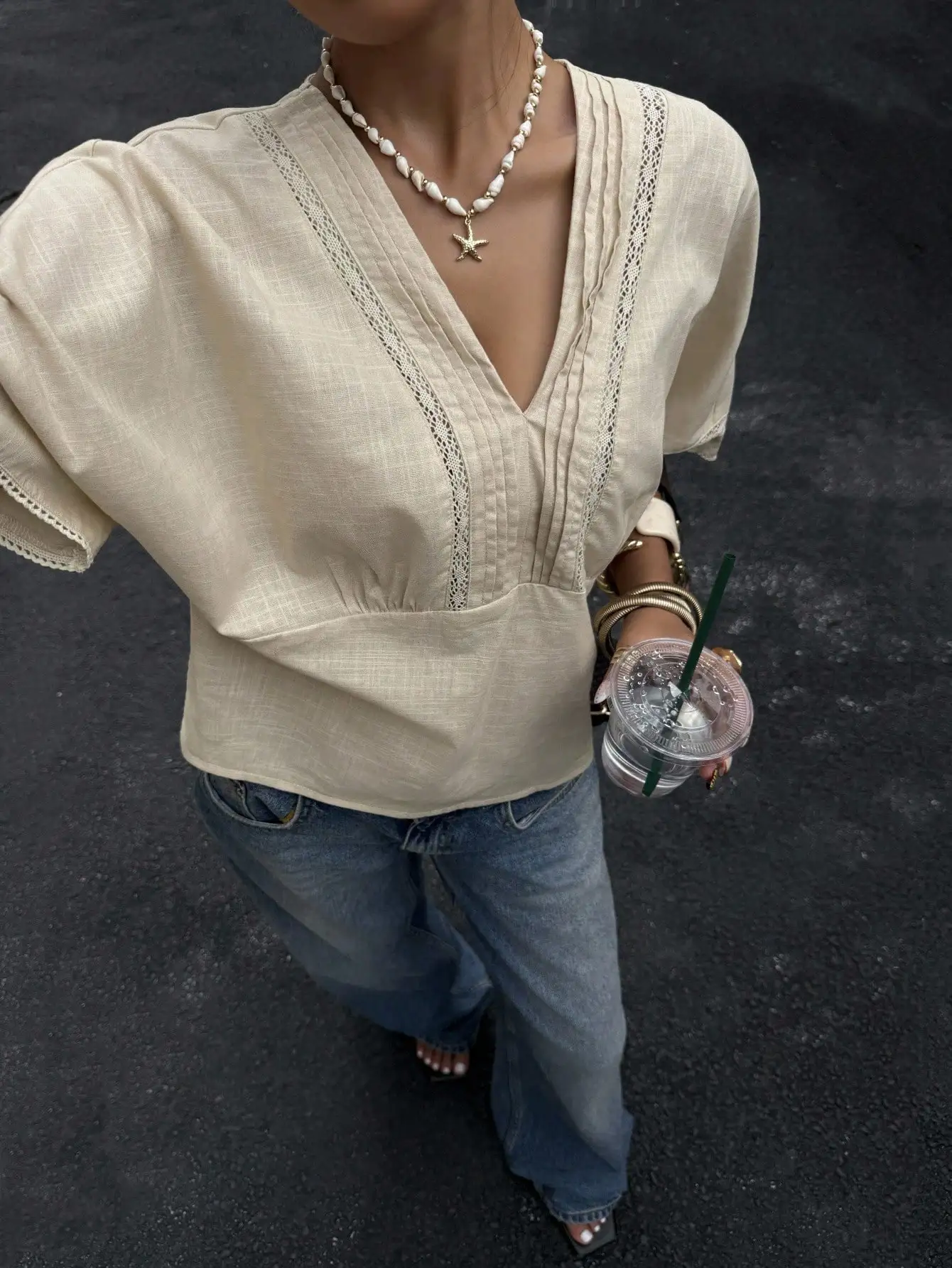 Women's V-Neck Lace Embellished Cotton Blouse Loose Fit Casual Shirt
Women's V-Neck Lace Embellished Cotton Blouse Loose Fit Casual Shirt