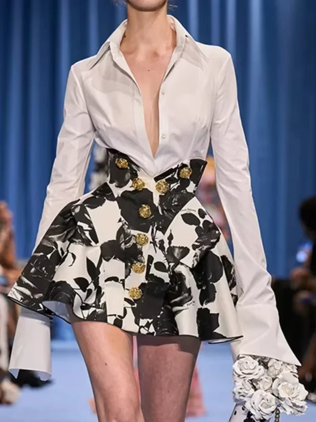 2024 Summer New Fashion White Shirt With Rose Metal Buckle Printed Short Skirt Two Piece Set Blouse Mini Skirt Set Outfit
2024 Summer New Fashion White Shirt With Rose Metal Buckle Printed Short Skirt Two Piece Set Blouse Mini Skirt Set Outfit