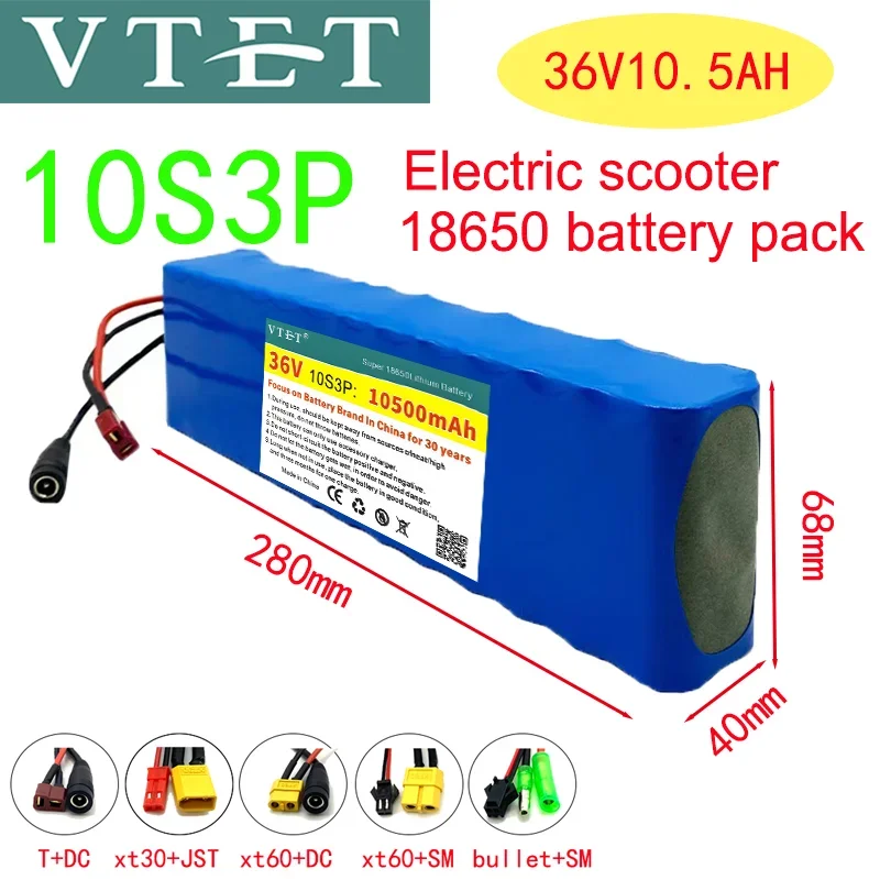 2024 VTET NEW 36V10.5Ah Ebike Battery Pack 18650 Lithium-ion Battery 10S3P 500W-1000W, Suitable For High-power Scooters Plug DIY
2024 VTET NEW 36V10.5Ah Ebike Battery Pack 18650 Lithium-ion Battery 10S3P 500W-1000W, Suitable For High-power Scooters Plug DIY