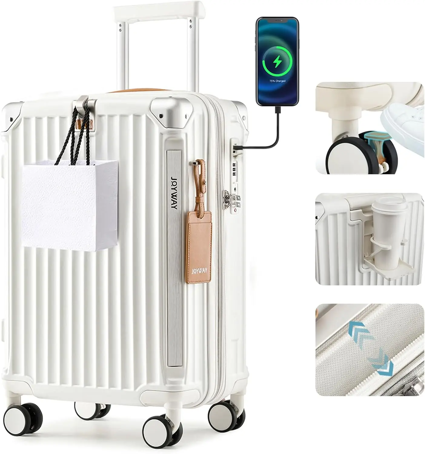 20" Hardside Carry-On Luggage with USB Port, Cup Holder & TSA Lock, Expandable Spinner Suitcase, White
20" Hardside Carry-On Luggage with USB Port, Cup Holder & TSA Lock, Expandable Spinner Suitcase, White