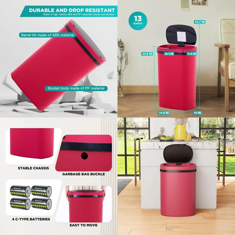 13-галлонный красный бесконтактный мусорный бак с датчиком движения, водонепроницаемое кухонное ведро для дома и офиса
13-галлонный красный бесконтактный мусорный бак с датчиком движения, водонепроницаемое кухонное ведро для дома и офиса