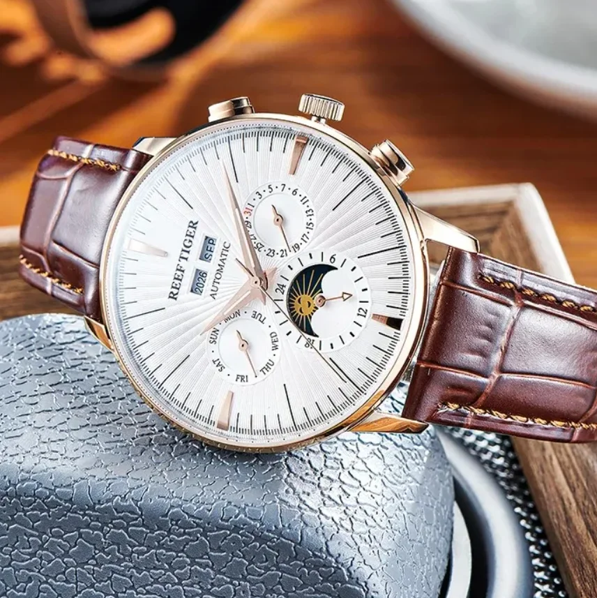 Мужские автоматические часы Reef Tiger, 42 мм, роскошные механические наручные часы с сапфировым стеклом, светящиеся, с несколькими циферблатами, год, месяц, неделя, дата, циферблат «Солнце-Луна» 
Мужские автоматические часы Reef Tiger, 42 мм, роскошные механические наручные часы с сапфировым стеклом, светящиеся, с несколькими циферблатами, год, месяц, неделя, дата, циферблат «Солнце-Луна»