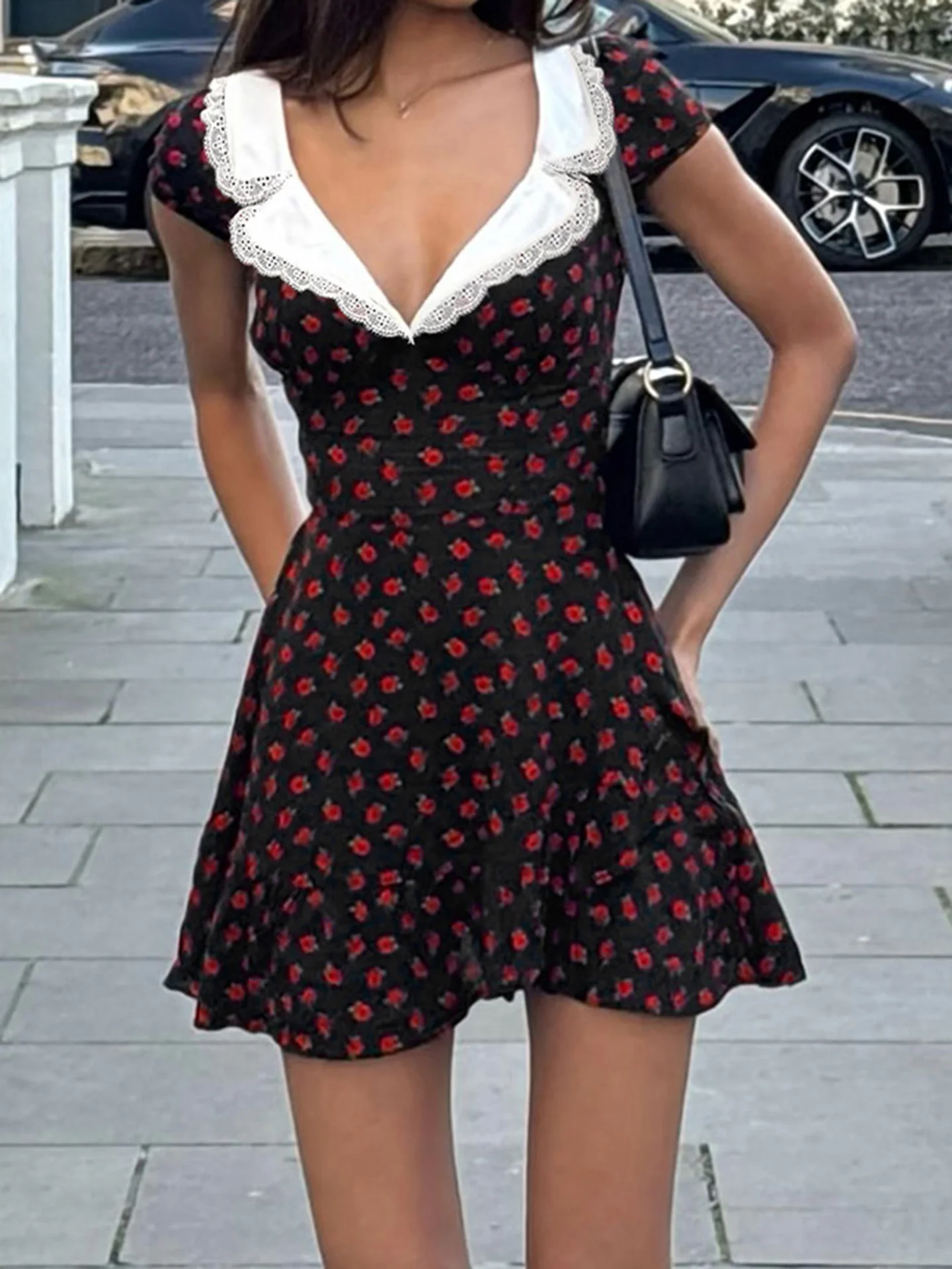 Sweetown Fashion Rose Print Lace Spliced Women Dresses Short Sleeve Slim Fit French Chic Elegant Sweet Dresses 
Sweetown Fashion Rose Print Lace Spliced Women Dresses Short Sleeve Slim Fit French Chic Elegant Sweet Dresses