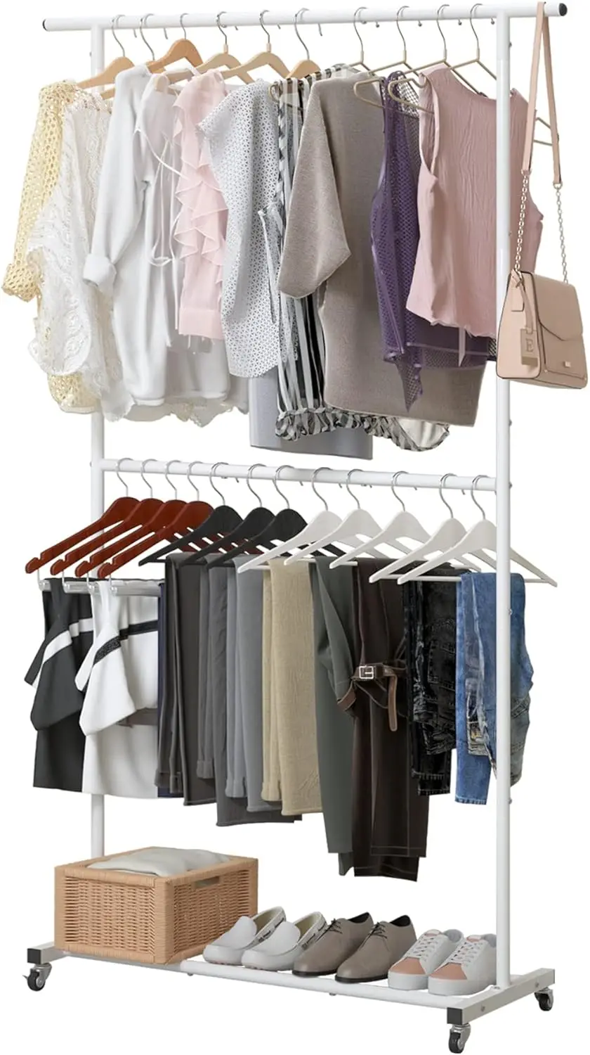 Double Rod Clothing Garment Rack, Rolling Clothes Organizer on Wheels for Hanging Clothes, Easy to Assemble, Adjustable, Whit
Double Rod Clothing Garment Rack, Rolling Clothes Organizer on Wheels for Hanging Clothes, Easy to Assemble, Adjustable, Whit