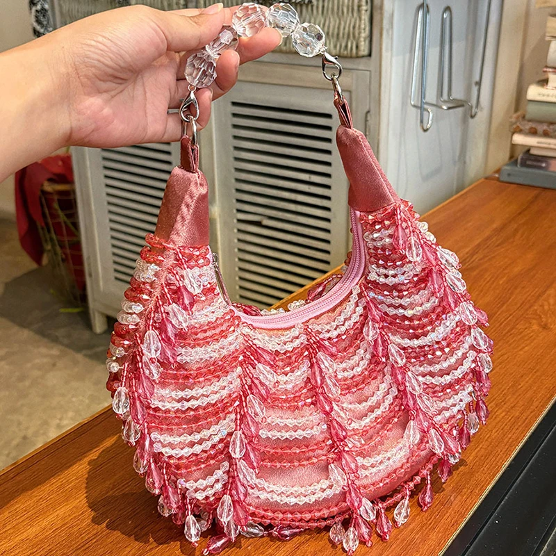 Trendy Crescent Moon Shape Woven Beaded Handbag Stylish Underarm Shoulder Bag Elegant Evening Clutch Bag Unique Braided Design
Trendy Crescent Moon Shape Woven Beaded Handbag Stylish Underarm Shoulder Bag Elegant Evening Clutch Bag Unique Braided Design