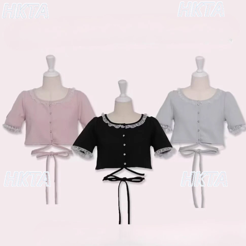 Japanese Style T-Shirt Women Fashion Waist Ribbon Heart Lace Knitted Top Sweet Lace Bow Puff Short Sleeve TShirt Female
Japanese Style T-Shirt Women Fashion Waist Ribbon Heart Lace Knitted Top Sweet Lace Bow Puff Short Sleeve TShirt Female
