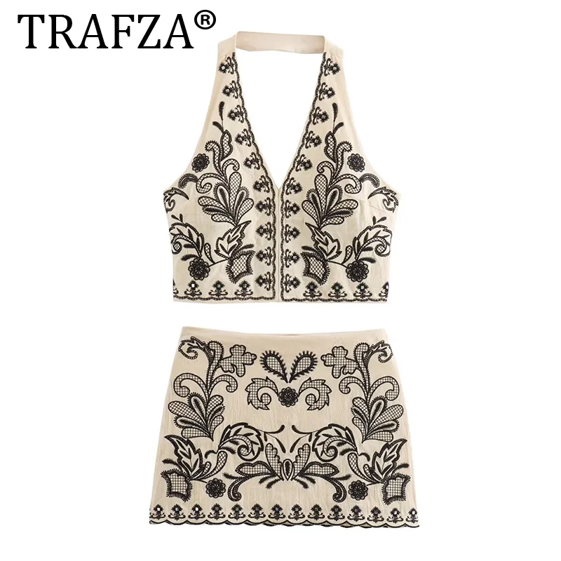 TRAFZA Summer Fashion Women Skirt Suits Embroidery Print V-Neck Sleeveless Backless Crop Top+High Waist Zipper Mini Skirts Traf
TRAFZA Summer Fashion Women Skirt Suits Embroidery Print V-Neck Sleeveless Backless Crop Top+High Waist Zipper Mini Skirts Traf