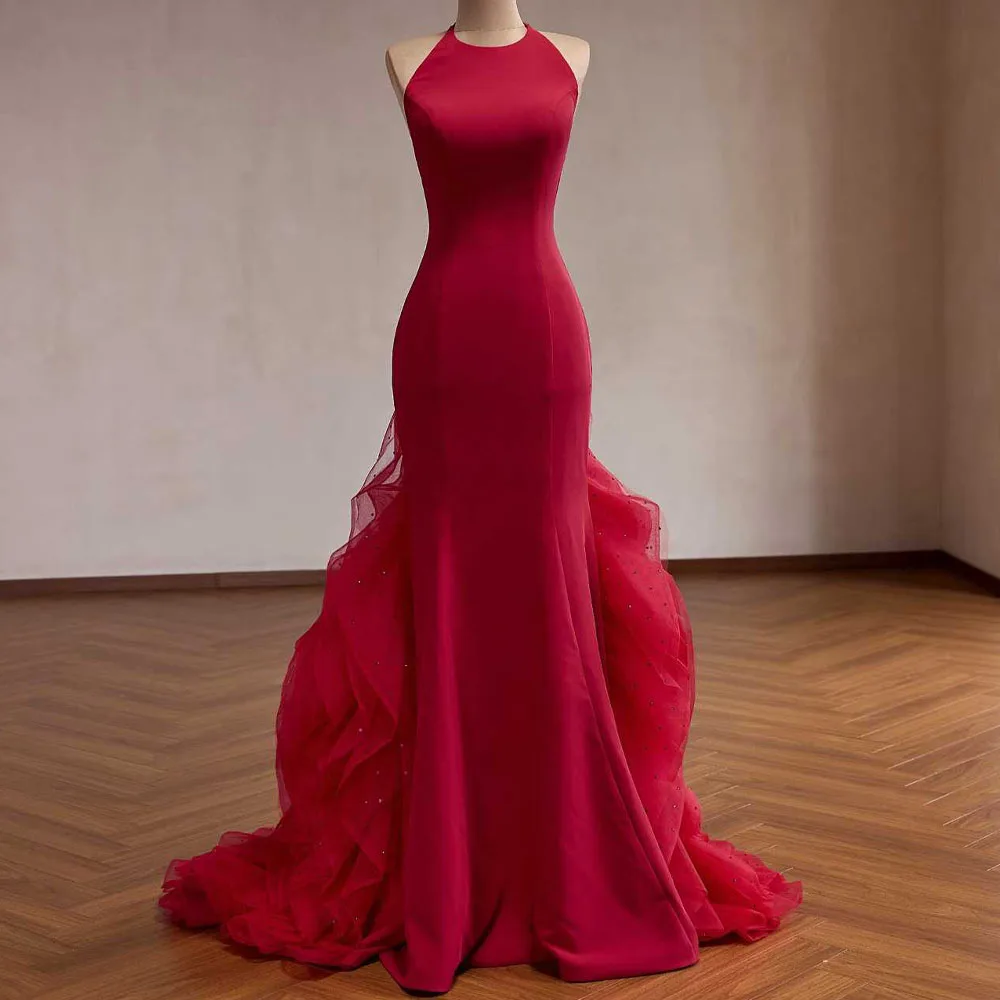 2026 Elegant Red Halter Evening Dress Sleeveless Ruffles Customizable Prom Gown
2026 Elegant Red Halter Evening Dress Sleeveless Ruffles Customizable Prom Gown