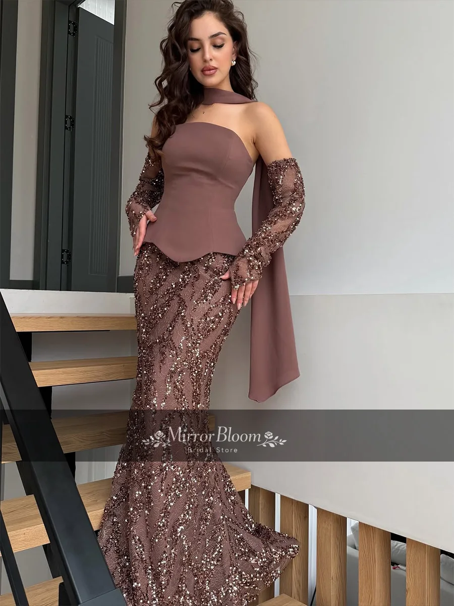 Customized Elegant Brown Two Piece Mermaid Evening Dress Women Strapless Beaded Long Sleeve Formal Prom Gown Haute Couture Dress
Customized Elegant Brown Two Piece Mermaid Evening Dress Women Strapless Beaded Long Sleeve Formal Prom Gown Haute Couture Dress