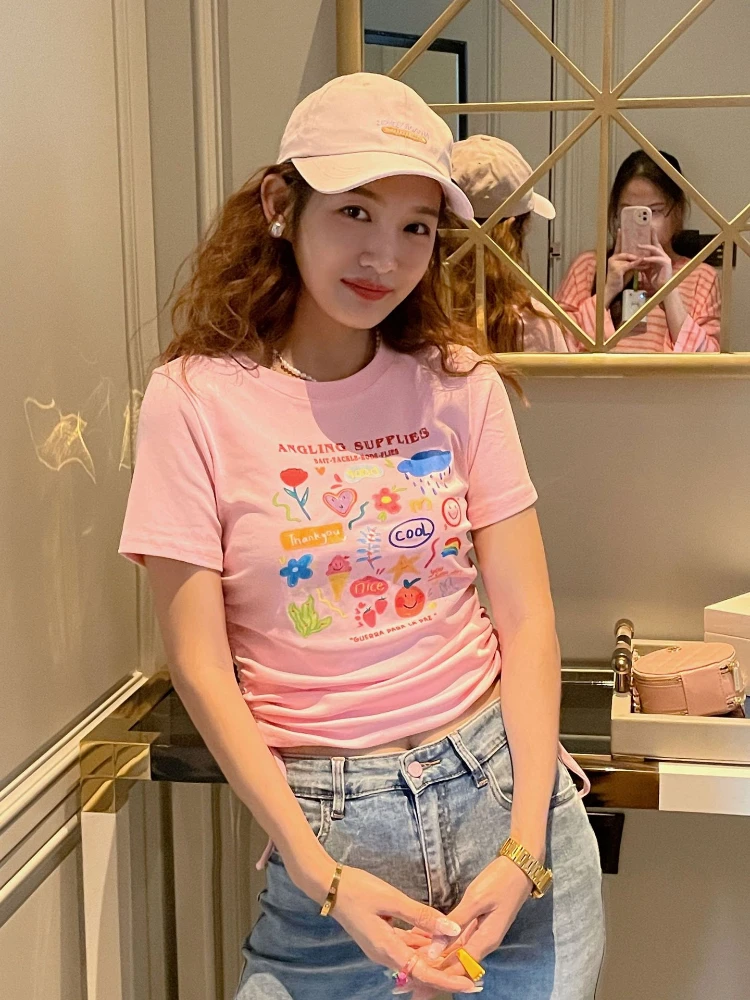 Korean Version 2022 Summer New Hot Girl Slim Fit Short Print Drawstring Pleated Round Neck Short-sleeved T-shirt Nylon Cotton
Korean Version 2022 Summer New Hot Girl Slim Fit Short Print Drawstring Pleated Round Neck Short-sleeved T-shirt Nylon Cotton