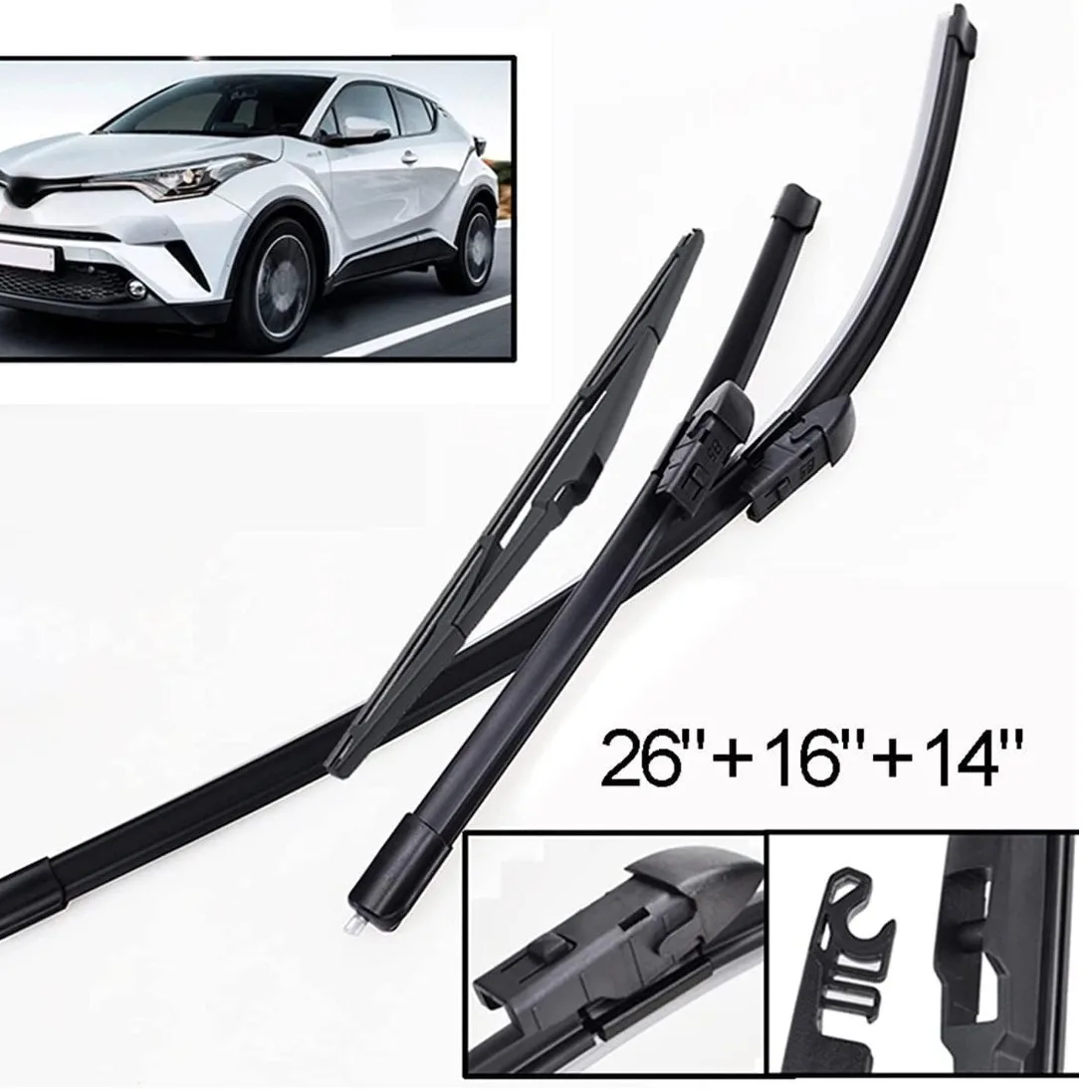 Suitable for Toyota C-HR CHR 2016 2017 2018 2019 2020, wiper blade set, front and rear gear
Suitable for Toyota C-HR CHR 2016 2017 2018 2019 2020, wiper blade set, front and rear gear