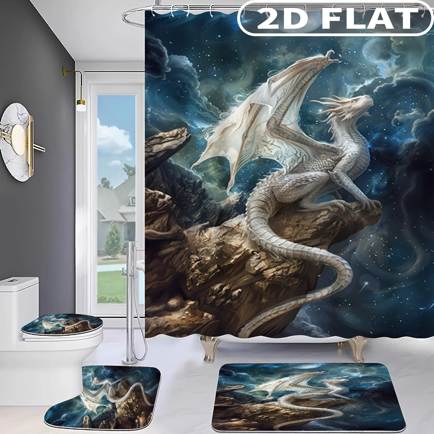 1pc/ 4pcs 2D FLAT Dragon Sky Mountain Cloud Pattern Shower Curtain Set, Accessories with Bath Mat, U-shaped Mat, Toilet Lid Cov
1pc/ 4pcs 2D FLAT Dragon Sky Mountain Cloud Pattern Shower Curtain Set, Accessories with Bath Mat, U-shaped Mat, Toilet Lid Cov