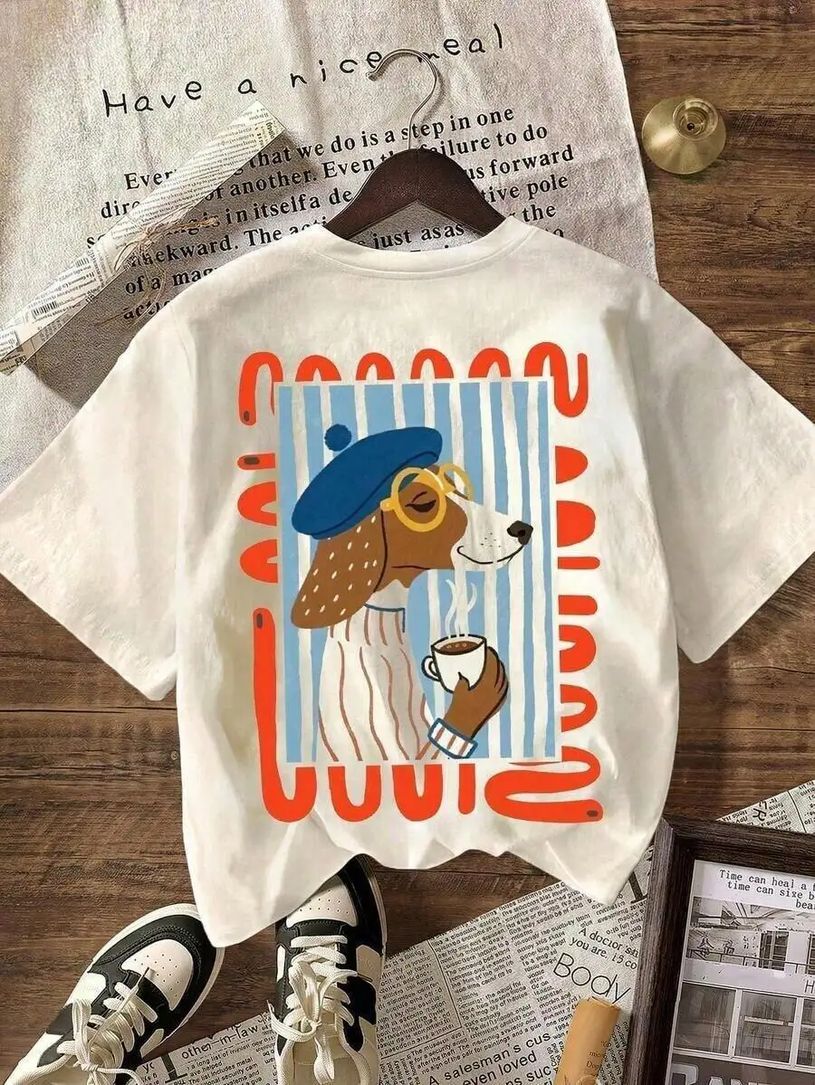 White Graphic T-Shirt With Dachshund Coffee Club Print, Loose Cotton Short Sleeve Crew Neck Tee For Women
White Graphic T-Shirt With Dachshund Coffee Club Print, Loose Cotton Short Sleeve Crew Neck Tee For Women