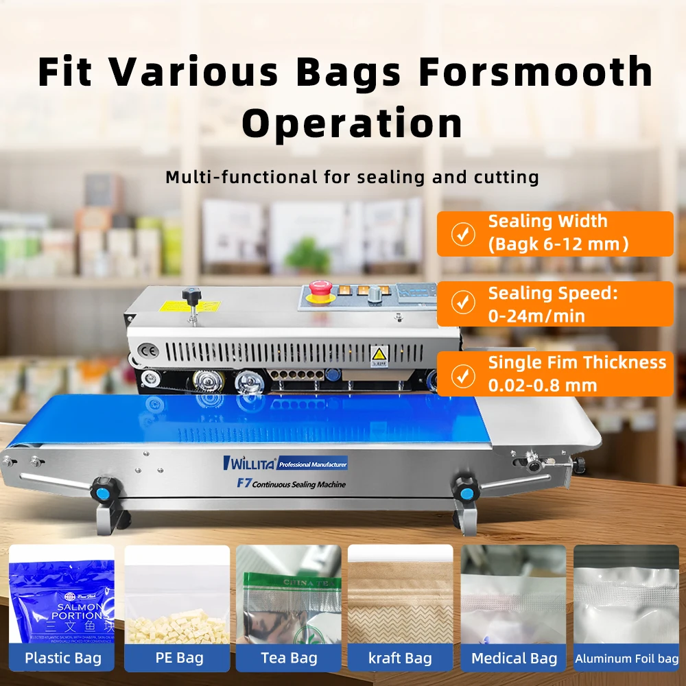 WILLITA F7 Continuous Sealing Machine Stainless Steel Horizontal Film Plastic Food Bag Continuous Band Sealing Machine
WILLITA F7 Continuous Sealing Machine Stainless Steel Horizontal Film Plastic Food Bag Continuous Band Sealing Machine