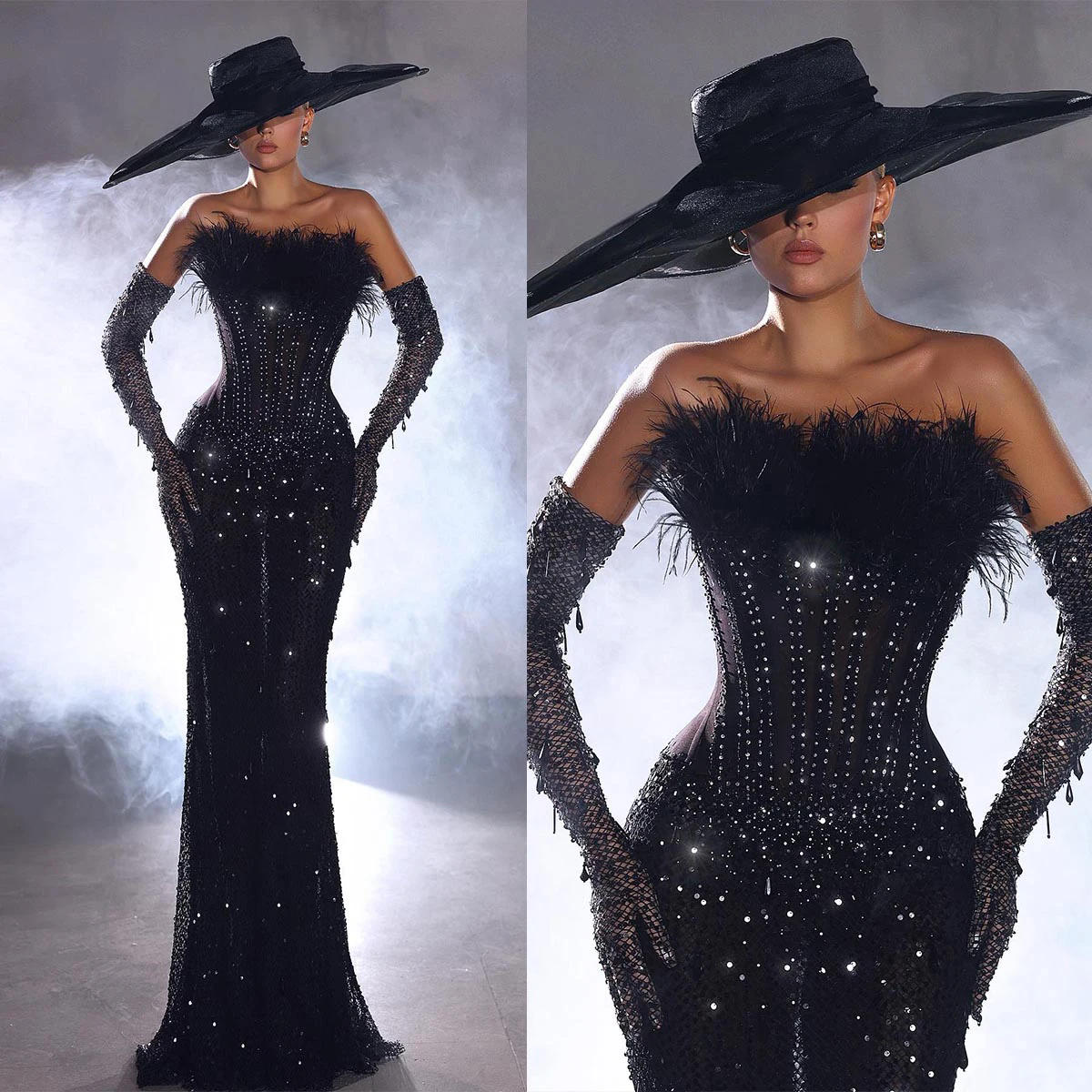 Sparkly Feather Mermaid Evening Dresses Strapless Rhinestone Shiny Prom Gowns Custom Made Formal Occasions Dresses
Sparkly Feather Mermaid Evening Dresses Strapless Rhinestone Shiny Prom Gowns Custom Made Formal Occasions Dresses