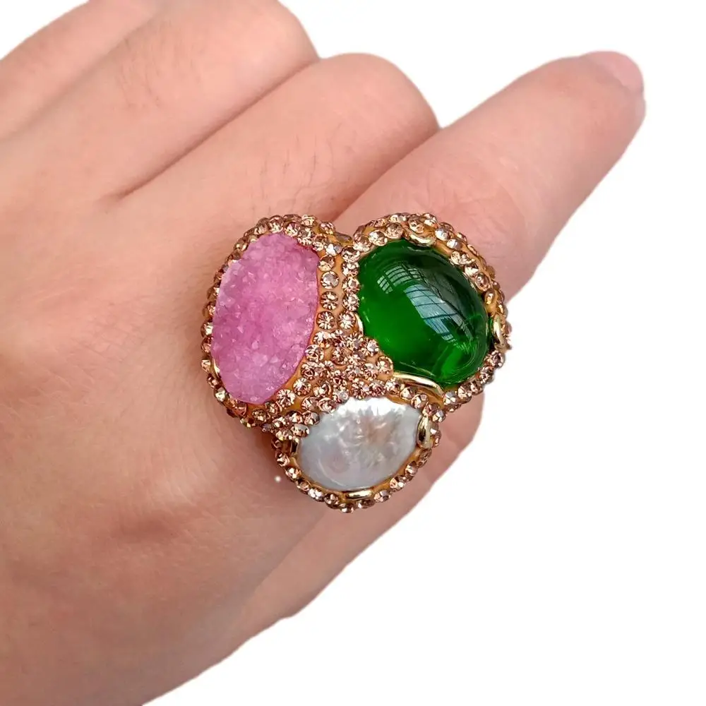 YYGEM 30mm Cultured White Pearl Pink Agate Druzy Green Crystal Rings Adjustable Women Female Finger Ring
YYGEM 30mm Cultured White Pearl Pink Agate Druzy Green Crystal Rings Adjustable Women Female Finger Ring