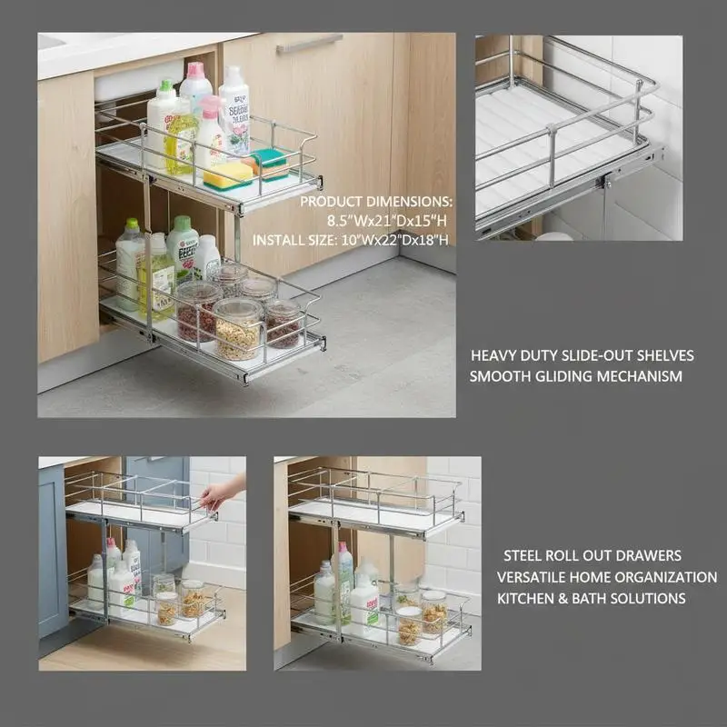 Pull Out Cupboard Shelf 8.5"Wx21"Dx15"H For Kitchen Pantry Bathroom, Heavy Duty Metal Sliding Rack Retractable Storage Tray 10"Wx22"Dx18"H Install Size Requirement
Pull Out Cupboard Shelf 8.5"Wx21"Dx15"H For Kitchen Pantry Bathroom, Heavy Duty Metal Sliding Rack Retractable Storage Tray 10"Wx22"Dx18"H Install Size Requirement