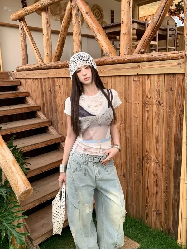 Slim Fit Korean Style Printed Lace Pattern Mesh Thin Short Sleeve T-Shirt See through Top Breathable Summer Fashion for Girls
Slim Fit Korean Style Printed Lace Pattern Mesh Thin Short Sleeve T-Shirt See through Top Breathable Summer Fashion for Girls