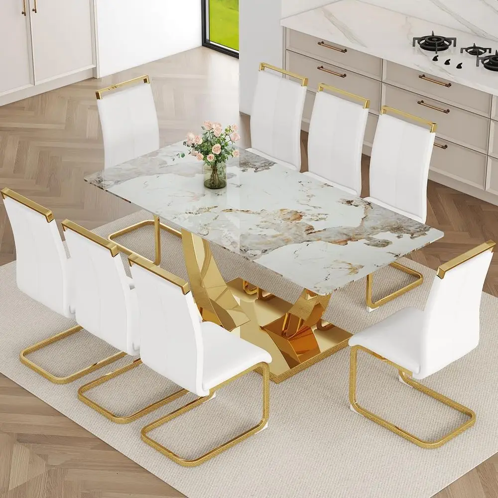 Glossy Marble 71 Dining Table with 8 Chairs or Gold Kitchen Table with White Leather Chairs, Tempered Glass Dining Set
Glossy Marble 71 Dining Table with 8 Chairs or Gold Kitchen Table with White Leather Chairs, Tempered Glass Dining Set