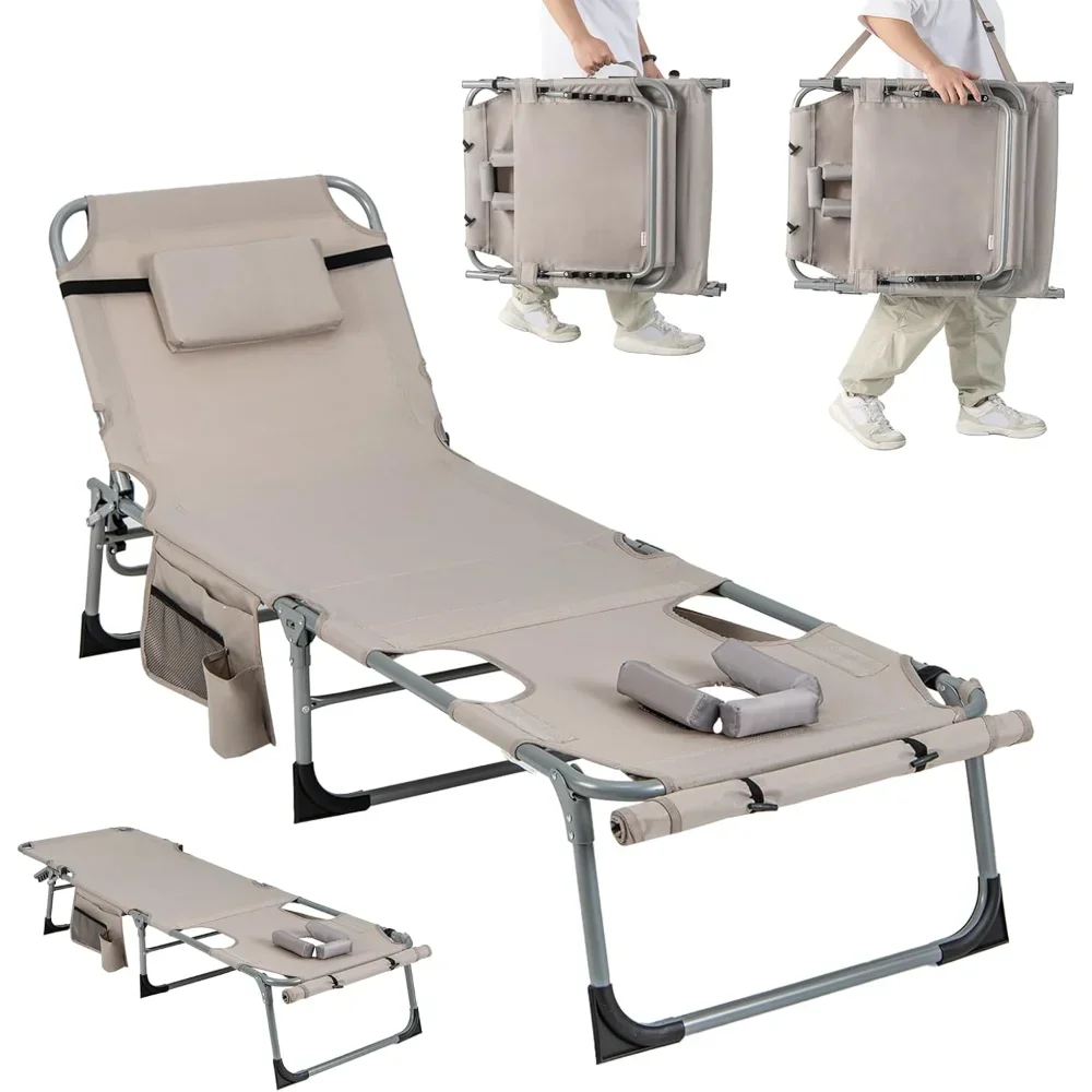 Beach chair with 5 adjustable positions, face & arm hole, hand/shoulder strap, removable pillow, side pocket, 400lbs capacity
Beach chair with 5 adjustable positions, face & arm hole, hand/shoulder strap, removable pillow, side pocket, 400lbs capacity