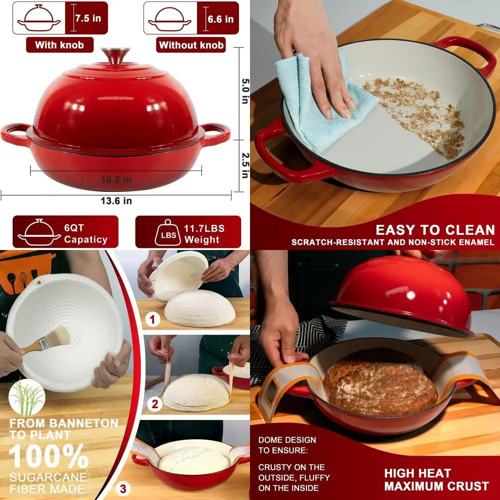 Чугунная эмалированная кастрюля-духовка, 6 кварт, многофункциональная, с крышкой, идеально подходит для выпечки хлеба, включая корзину для расстойки, силикон
Чугунная эмалированная кастрюля-духовка, 6 кварт, многофункциональная, с крышкой, идеально подходит для выпечки хлеба, включая корзину для расстойки, силикон