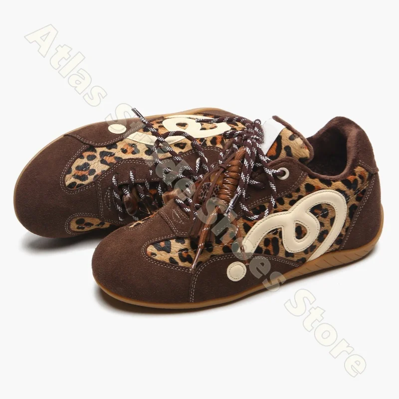 Women Leopard Print Sneakers Brown Suede Side 8 Logo Stitching Double Layer Lace Up Retro Casual Sporty Chic Dress Shoes
Women Leopard Print Sneakers Brown Suede Side 8 Logo Stitching Double Layer Lace Up Retro Casual Sporty Chic Dress Shoes