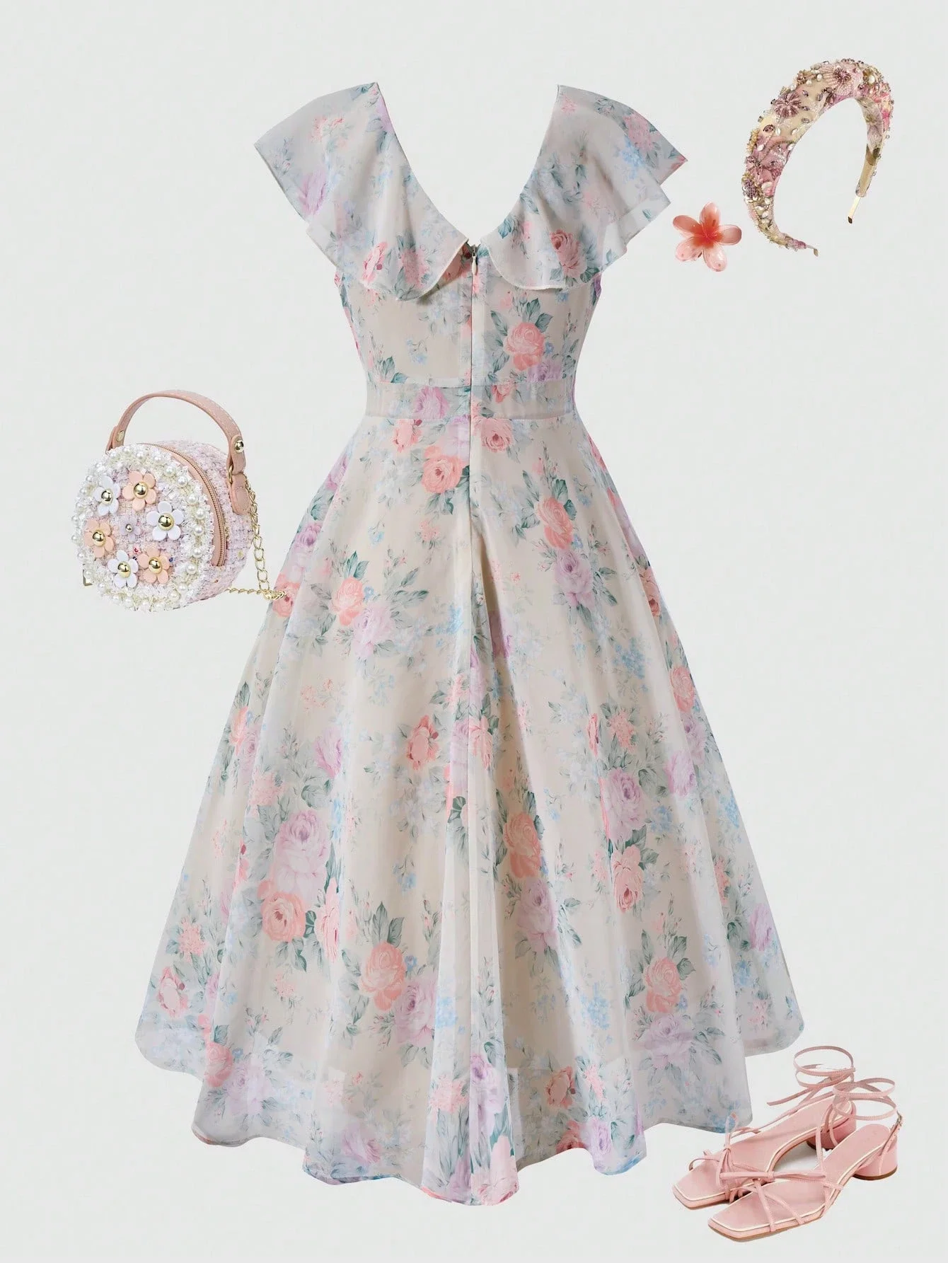 Elegant Floral Chiffon Dress With Ruffle Collar Sleeveless V-Neck A-Line Midi Formal Dress
Elegant Floral Chiffon Dress With Ruffle Collar Sleeveless V-Neck A-Line Midi Formal Dress