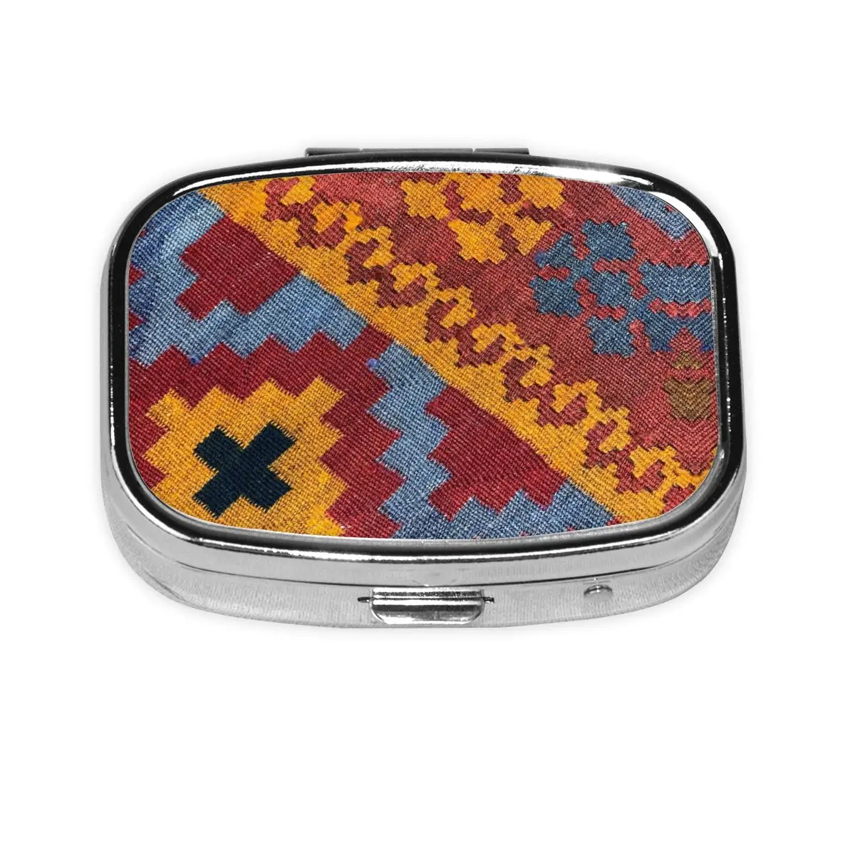 Moroccan Style Vintage Kilim Navaho Weave Woven Aztec Textile Square Pill Box Floral Metal Pill Organizer Medicine Box Dispenser
Moroccan Style Vintage Kilim Navaho Weave Woven Aztec Textile Square Pill Box Floral Metal Pill Organizer Medicine Box Dispenser