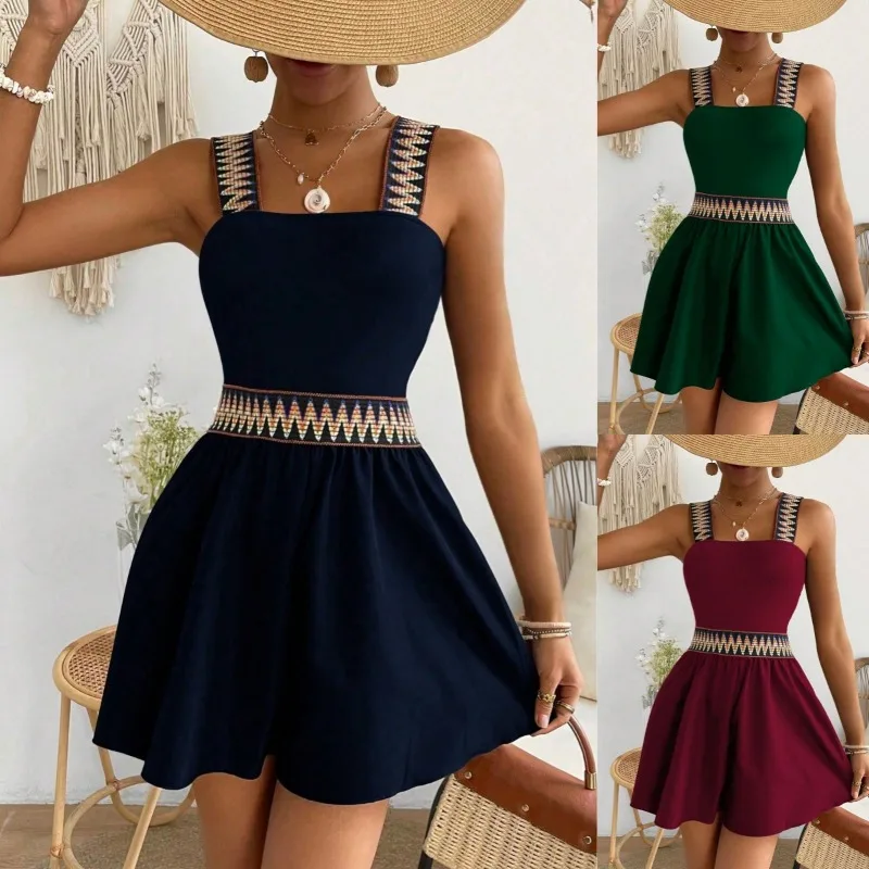 Women Bohemian Printed Trim Dress Sleeveless Square Neck High Waist Flared Summer Casual Beach Romper
Women Bohemian Printed Trim Dress Sleeveless Square Neck High Waist Flared Summer Casual Beach Romper
