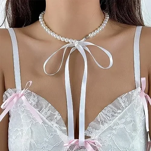 White Pearl Choker Necklaces for Women Long Ribbon Bow Choker Necklace for Girls Ladies Pearl Necklace Gifts
White Pearl Choker Necklaces for Women Long Ribbon Bow Choker Necklace for Girls Ladies Pearl Necklace Gifts