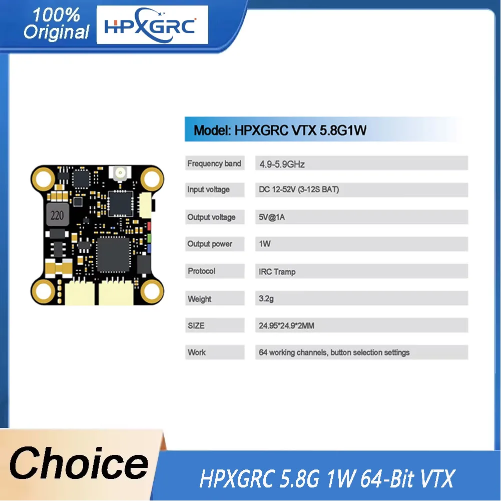HPXGRC 5.8G 1W 64-Bit VTX Stable Signal with Strong Penetration Power for RC FPV Drones
HPXGRC 5.8G 1W 64-Bit VTX Stable Signal with Strong Penetration Power for RC FPV Drones