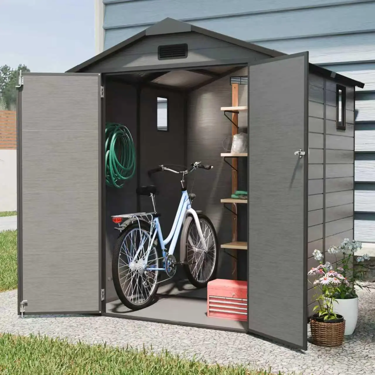 6x6FT Outdoor Storage Shed Resin w/ Floor 2 Windows Lockable Door Vent Waterproof Plastic Patio Backyard Bike Tool, Customized
6x6FT Outdoor Storage Shed Resin w/ Floor 2 Windows Lockable Door Vent Waterproof Plastic Patio Backyard Bike Tool, Customized