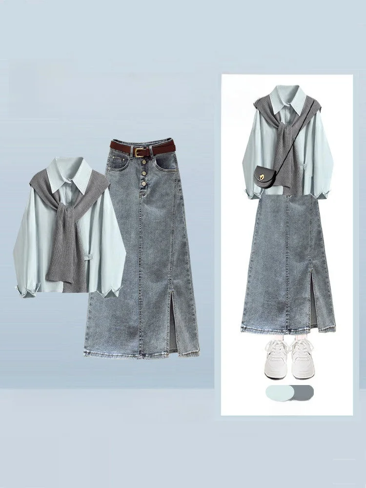 Elegant Spring Outfit Women's Korean College Style High-End Sensation Shirt Shawl Denim Skirt Two-Piece Set Casual Fashion
Elegant Spring Outfit Women's Korean College Style High-End Sensation Shirt Shawl Denim Skirt Two-Piece Set Casual Fashion