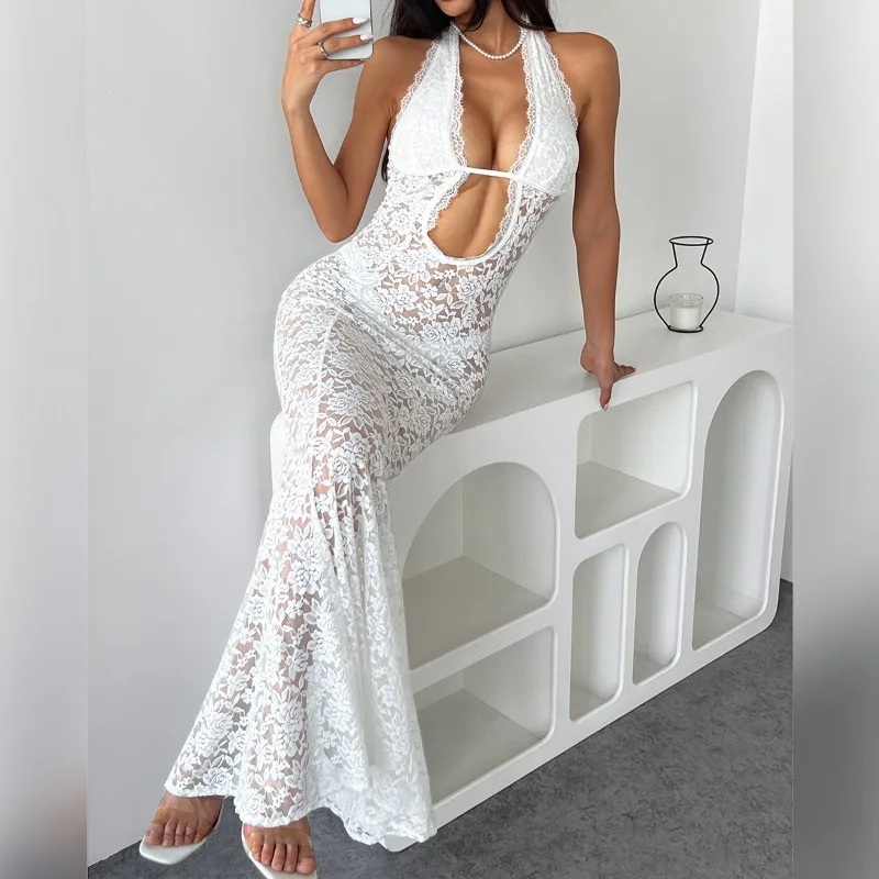 Summer Lace Sexy Halter Maxi Dress Women Chic Backless Sleeveless Hollow Evening Dresses French Elegant Vacation Bodycon Vestido
Summer Lace Sexy Halter Maxi Dress Women Chic Backless Sleeveless Hollow Evening Dresses French Elegant Vacation Bodycon Vestido
