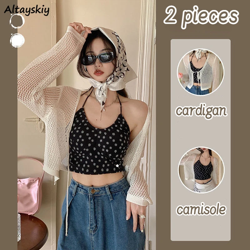 Neck-mounted Camisole Sets Women Sexy Crop Hollow Out Cardigan Hot Girls Slim Sun-proof Summer Lace-up Daily All-match Harajuku
Neck-mounted Camisole Sets Women Sexy Crop Hollow Out Cardigan Hot Girls Slim Sun-proof Summer Lace-up Daily All-match Harajuku