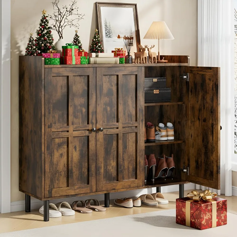 Three Door Shoe Cabinet with Adjustable Shelves Holds Thirty Pairs Forty Inch Tall Farmhouse Style Rustic Brown
Three Door Shoe Cabinet with Adjustable Shelves Holds Thirty Pairs Forty Inch Tall Farmhouse Style Rustic Brown