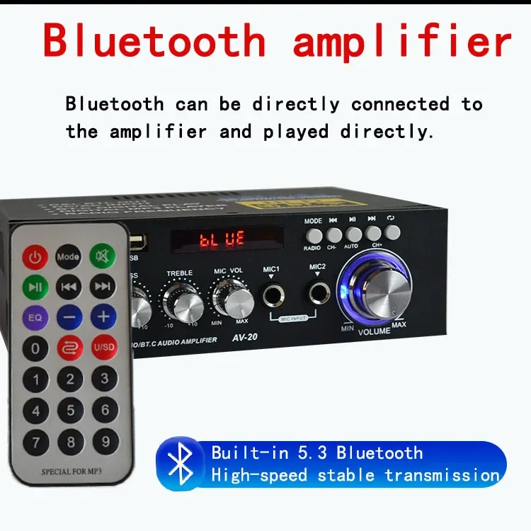 Bluetooth 2.0 High-power Amplifier 220V Home Mini Card Receiver USB Drive with Karaoke Bass Speaker
Bluetooth 2.0 High-power Amplifier 220V Home Mini Card Receiver USB Drive with Karaoke Bass Speaker