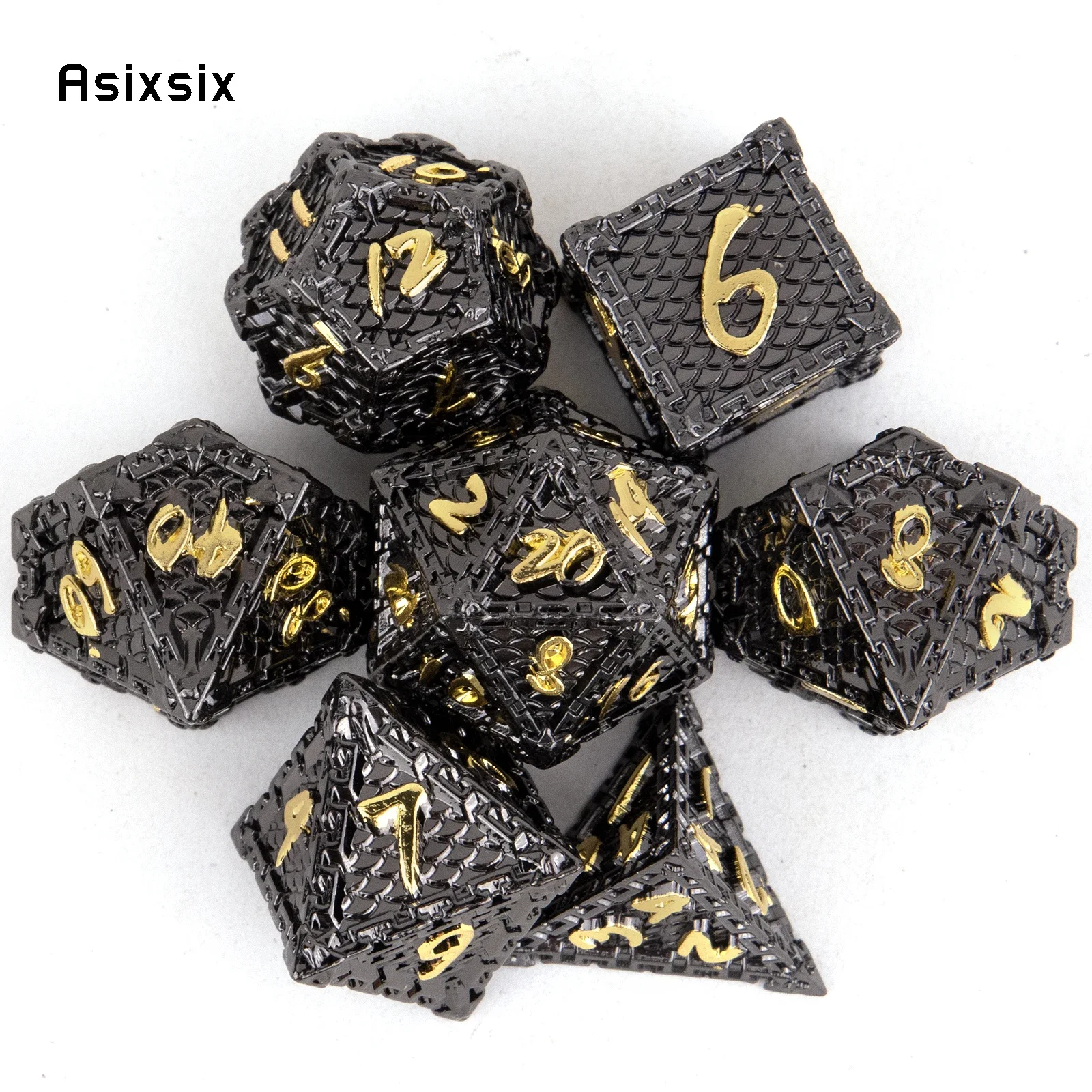 7 Pcs Black Golden Fish Scale Metal Dice Solid Metal Polyhedral Dice Set Suitable for Role-Playing RPG Board Game Card Game
7 Pcs Black Golden Fish Scale Metal Dice Solid Metal Polyhedral Dice Set Suitable for Role-Playing RPG Board Game Card Game