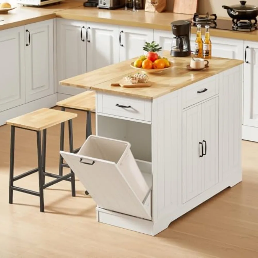 Stationary Kitchen Islands Include 2 Chairs, 47" Kitchen Island with Drop Leaf, Home Bar Table with Spice Rack and with Trash C
Stationary Kitchen Islands Include 2 Chairs, 47" Kitchen Island with Drop Leaf, Home Bar Table with Spice Rack and with Trash C