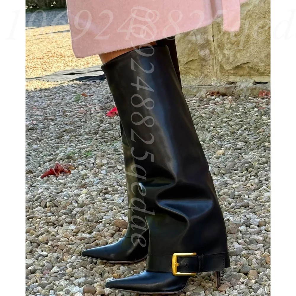 Women's Black/Leopard Print Slouchy Knee High Boots, Pointed Toe Stiletto Heel Gold Buckle Detail Fashion Shoes for Fall Fashion
Women's Black/Leopard Print Slouchy Knee High Boots, Pointed Toe Stiletto Heel Gold Buckle Detail Fashion Shoes for Fall Fashion