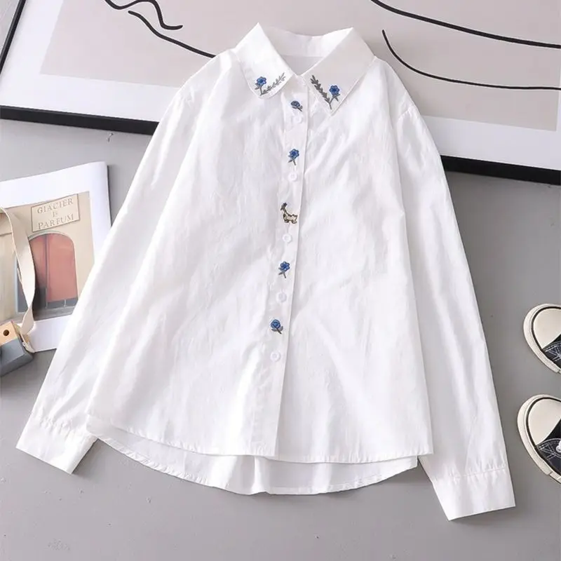 Spring Embroidered Blue Small Flower Full Cotton Long-sleeved Shirt for Women's Base Shirt Korean Style Age-reducing Versatile
Spring Embroidered Blue Small Flower Full Cotton Long-sleeved Shirt for Women's Base Shirt Korean Style Age-reducing Versatile