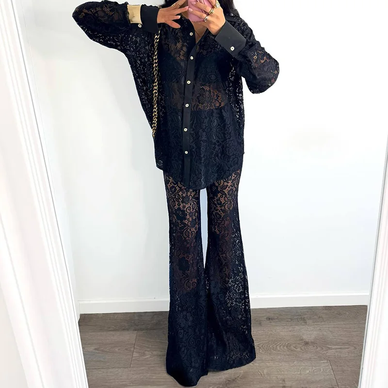 Элегантные комплекты рубашек и брюк с длинными рукавами с лацканами, осенние новые однотонные повседневные комплекты, сексуальные прозрачные комплекты с кружевной вышивкой для поездок на работу
Элегантные комплекты рубашек и брюк с длинными рукавами с лацканами, осенние новые однотонные повседневные комплекты, сексуальные прозрачные комплекты с кружевной вышивкой для поездок на работу