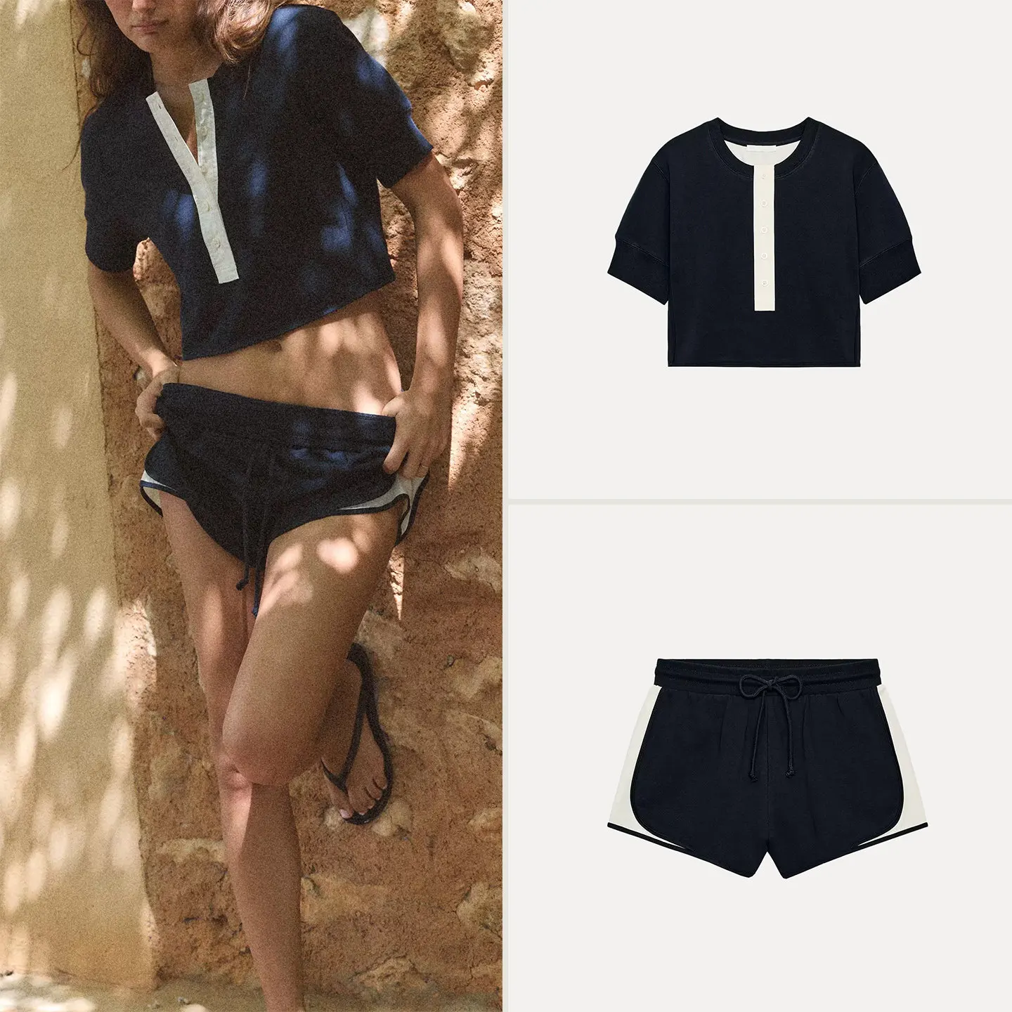 Women's Fashion Short Sleeve Sweatshirt with Button Small Collar Short Pants Color Block Splicing Low Waist Summer Outfit
Women's Fashion Short Sleeve Sweatshirt with Button Small Collar Short Pants Color Block Splicing Low Waist Summer Outfit