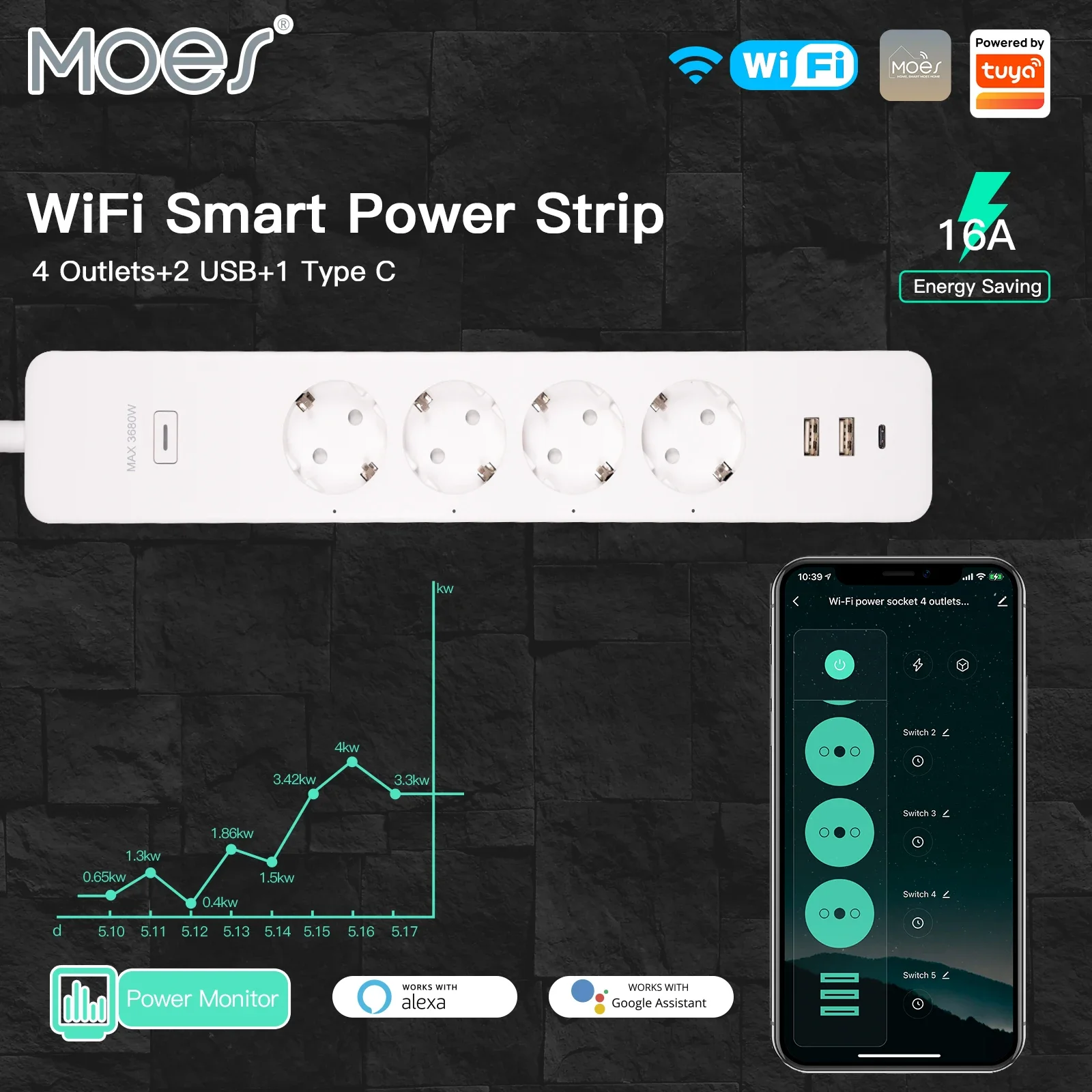 MOES WiFi EU Tuya Smart Power Strip Защита от перенапряжения 4-разъемная розетка для монитора мощности с 2 USB 1 Type C APP ControlVoice Control
MOES WiFi EU Tuya Smart Power Strip Защита от перенапряжения 4-разъемная розетка для монитора мощности с 2 USB 1 Type C APP ControlVoice Control