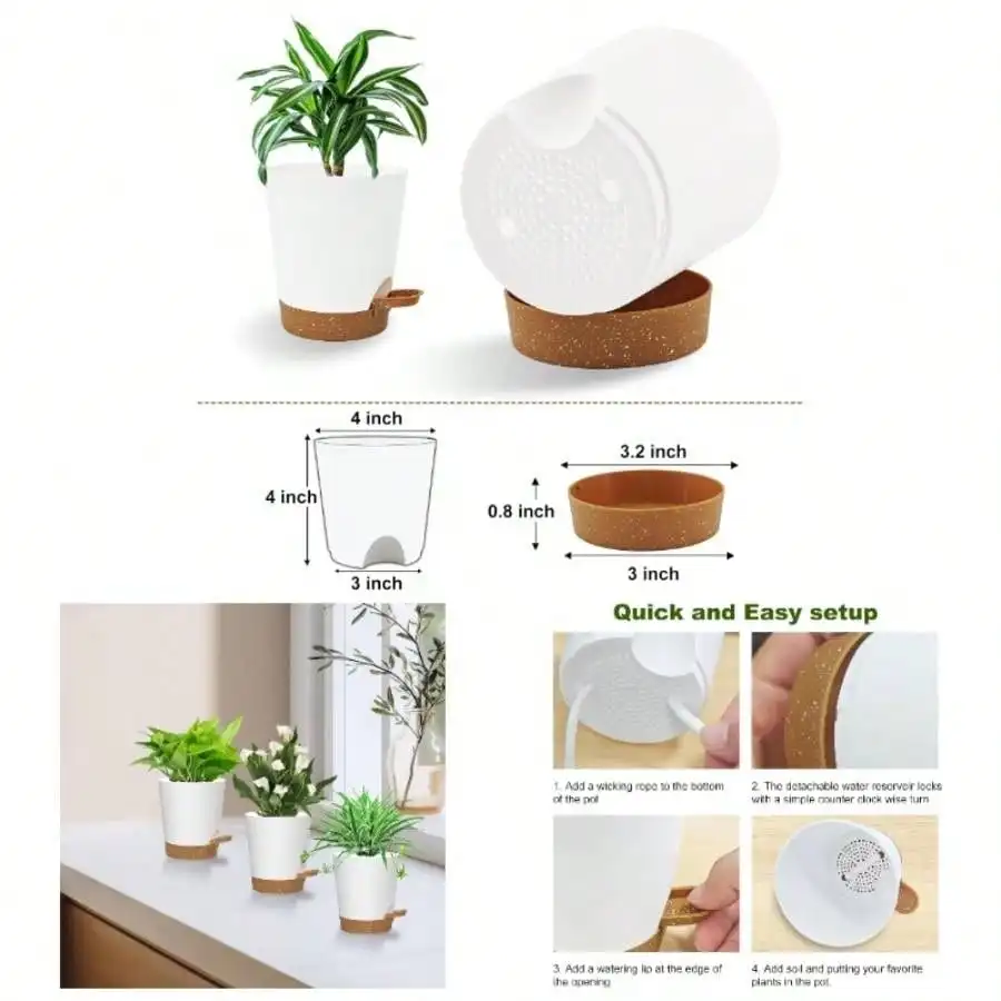 4 Inch Self Watering Plastic Planters: White with Brown Tray, for Indoor & Outdoor Plants
4 Inch Self Watering Plastic Planters: White with Brown Tray, for Indoor & Outdoor Plants
